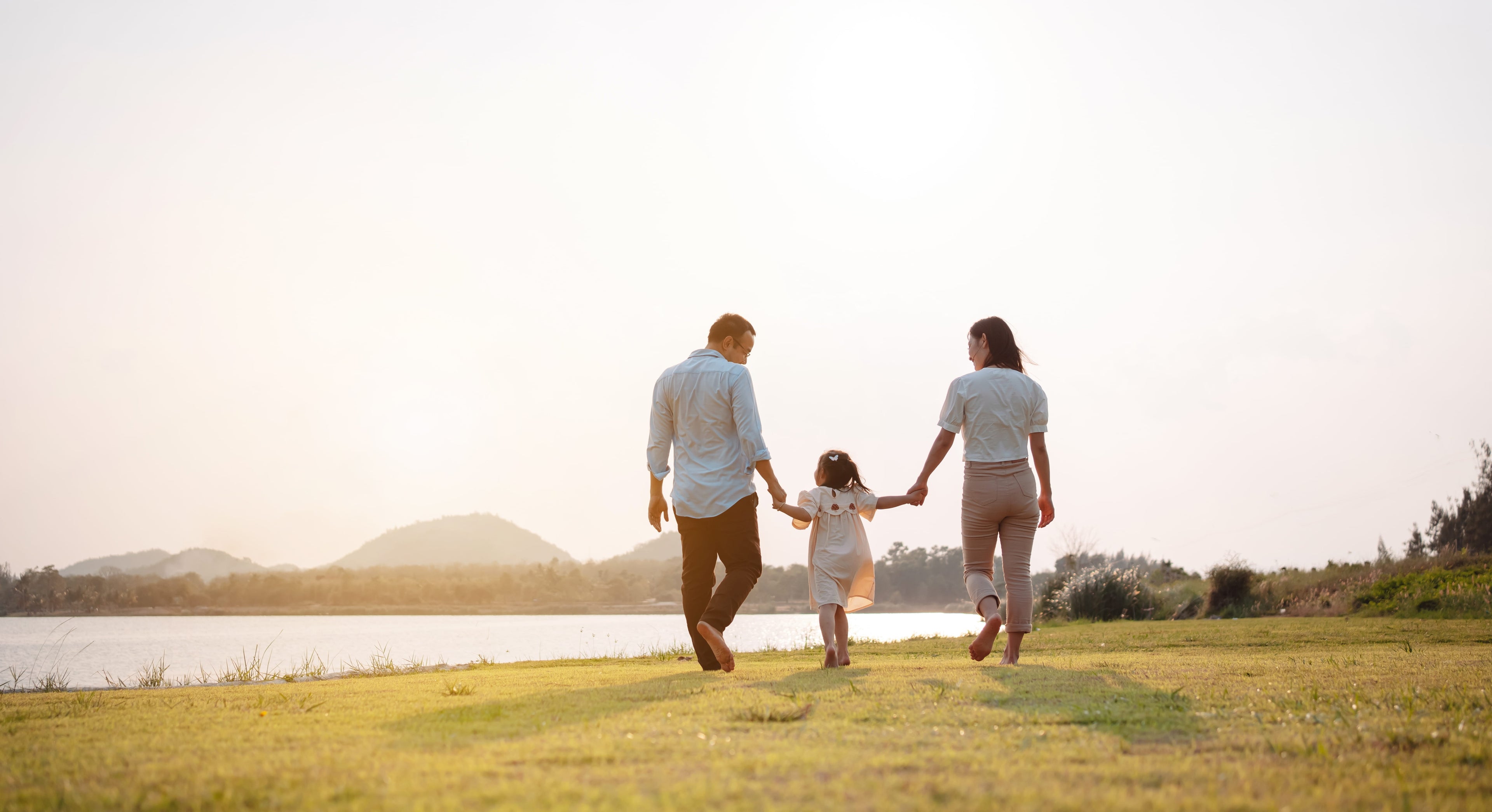 smiling family walking